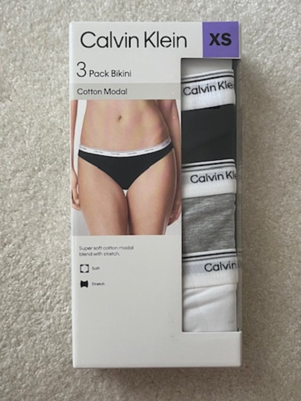 Calvin Klein 3- Pack White, Black, & Grey Bikini Cotton Modal XS